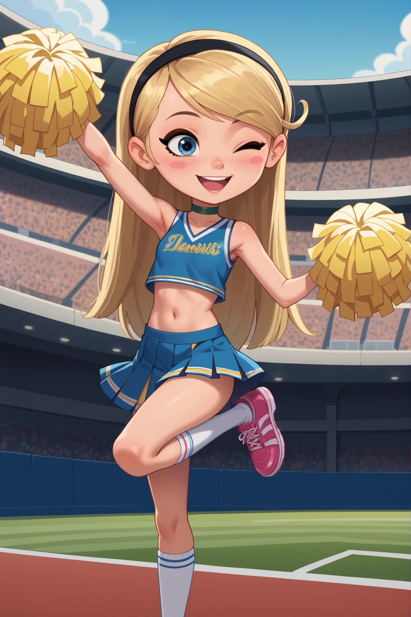 best quality, amazing quality, very aesthetic, absurdres,penny peterson, long hair, blue eyes, 2d, blonde hair, skirt, hairband, black hairband , anime screencap, u.a. cheerleader uniform, 1girl, pom pom \(cheerleading\), solo, blue pleated skirt, blush stickers, open mouth, blue crop top, midriff, blush, smile, navel, one eye closed, arm up, armpits, green choker, sleveless, pink shoes, white socks, standing on one leg, knee up, wall, stadium, crowd