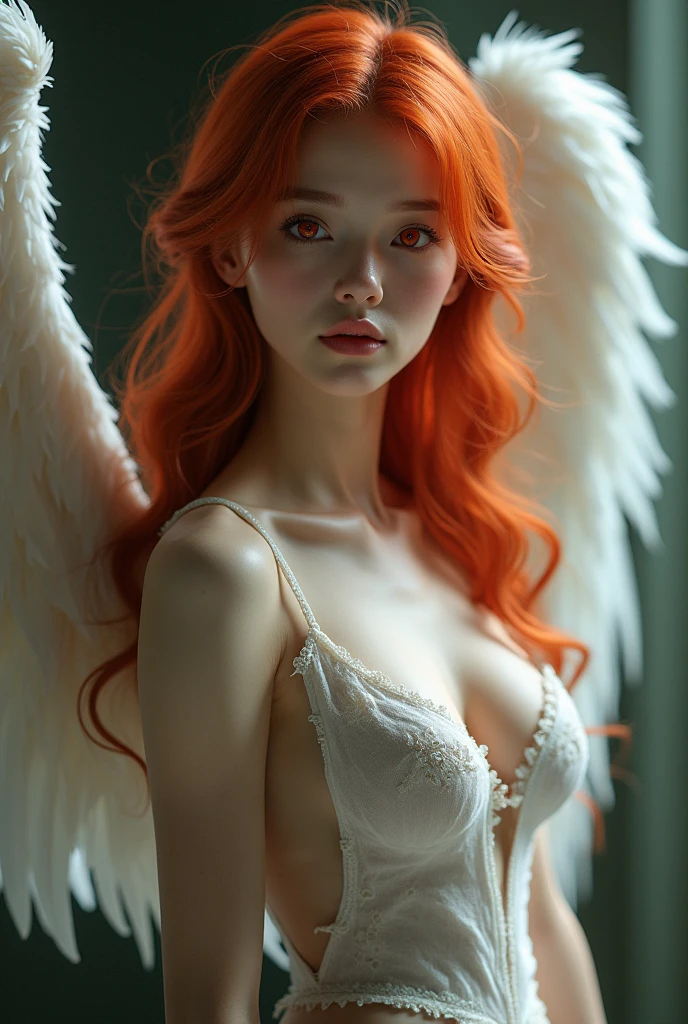 Une femme rousse pose nue, recouverte délicatement de plumes, créant une scène à la fois éthérée et sensuelle. Ses longs cheveux roux, ondulés et brillants, tombent en cascade autour de son visage et sur ses épaules, encadrant son teint clair avec une touche de feu. Les plumes, fines et légères, couvrent son corps de manière stratégique, épousant ses courbes avec douceur et mystère. Elles sont de différentes tailles et couleurs, peut-être blanches ou dans des tons pastel, ajoutant une dimension presque féerique à son allure. Les plumes effleurent ses épaules, ses hanches, et se posent délicatement sur ses jambes, laissant entrevoir sa silhouette élancée et sensuelle sans jamais révéler trop de peau.