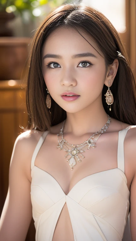 Best quality, masterpiece, high resolution, 1girl, clear silk porcelain dress, beautiful face, hair accessories, looking at the audience, smiling, close your mouth, lips, dress, hair accessories, necklaces, jewelry, long hair, earrings, beautiful face, on the body, Tindal effect, realism, dark studio, edge lighting, two-tone lighting, (high detail skin: 1.2), 8k UHD, DSLR, soft light, high quality, volumetric lighting, photo, high resolution 4K, 8k, blurred background