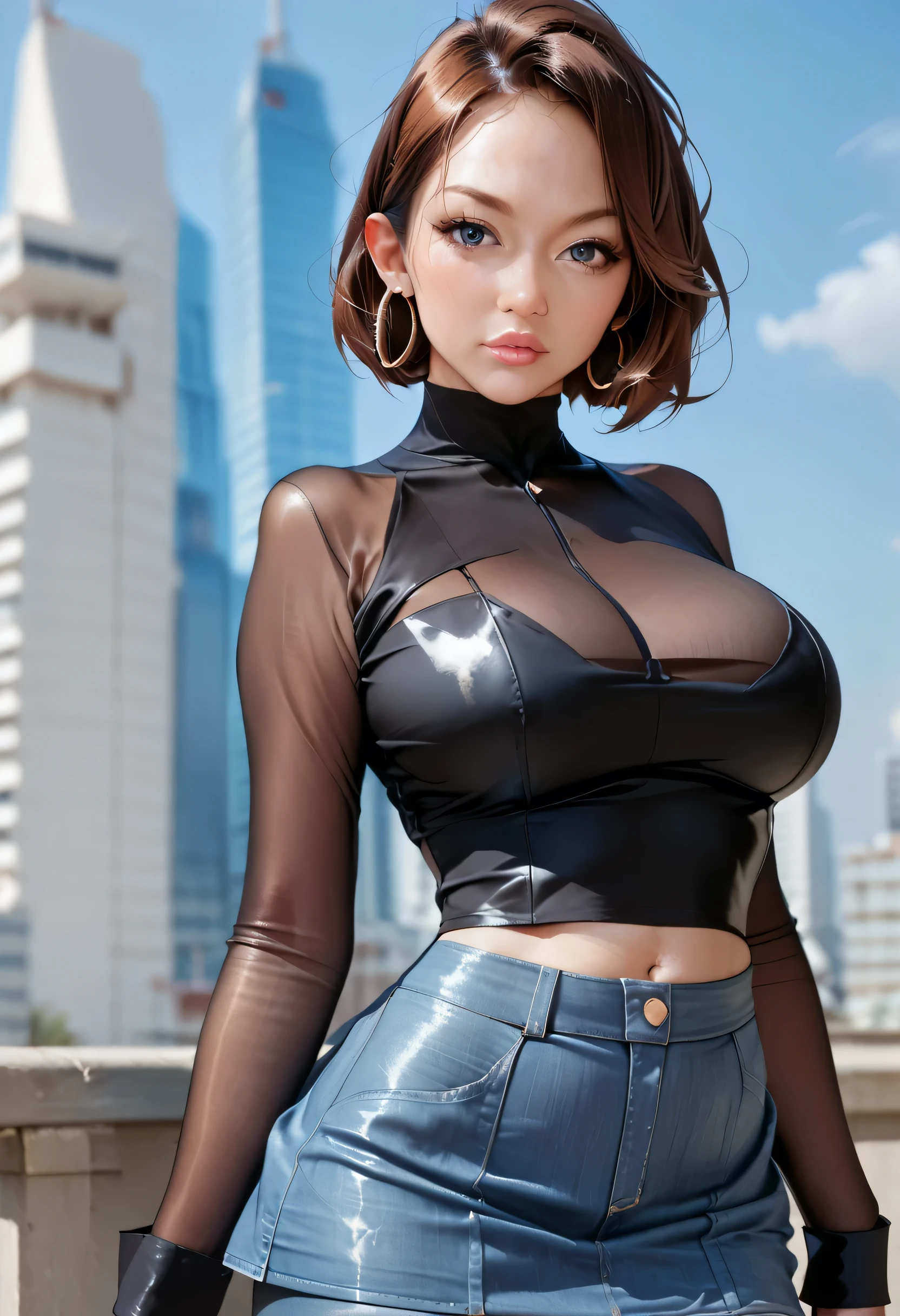 perfect face, ((sci-fi)), plug suit, feminineblurry, depth of field, blurry background, blurry foreground, 1girl, building, earrings, skirt, jewelry, skyscraper, breasts, city, denim, motion blur, denim skirt, hoop earrings, photo \(medium\), large breasts, solo, short hair, looking at viewer, miniskirt, lips, navel, pantyhose, outdoors, day, long sleeves, blue sky