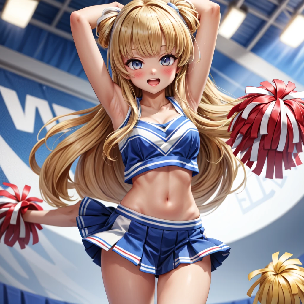 (cheer girl:1.3)、masterpiece、High quality、Arm Cover、tie hair to the side、Crisp eyes、A detailed face、(Perky smile:1.2)、Looking at Viewer、a miniskirt、Classroom、Poses in motion、Panchira