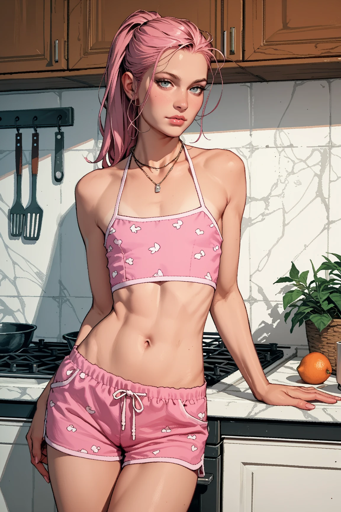 2 gorgeous 25 years old girls, wearing very small pink pajama shorts and pajama tank top, leaning against a kitchen counter, blond messy hair, necklaces, bracelets, looking straight at viewer,nsfw sultry look, seductive, seductive smile, inviting expression, suggestive