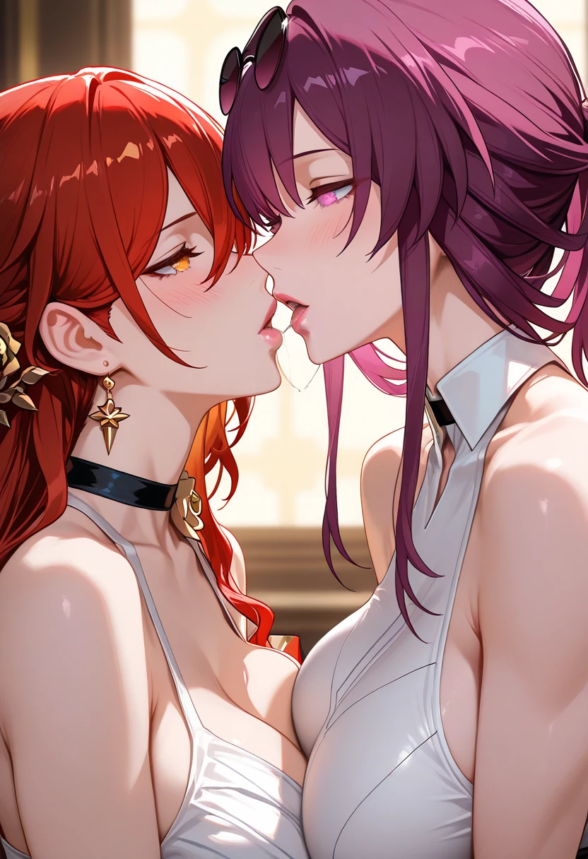 Beautiful eyes, beautiful lips,masterpiece, best quality, 4k, 8k, ultra-detailed, HDR, UHD, sharp focus, extreme detail description, anime style,Source anime, athletic body,((Kafka, honkai Star rail)),((himeko, honkai Star rail)),large breast , athletic body, pink lips, after kiss, Saliva trail, blush ,Yuri , lesbian , blush