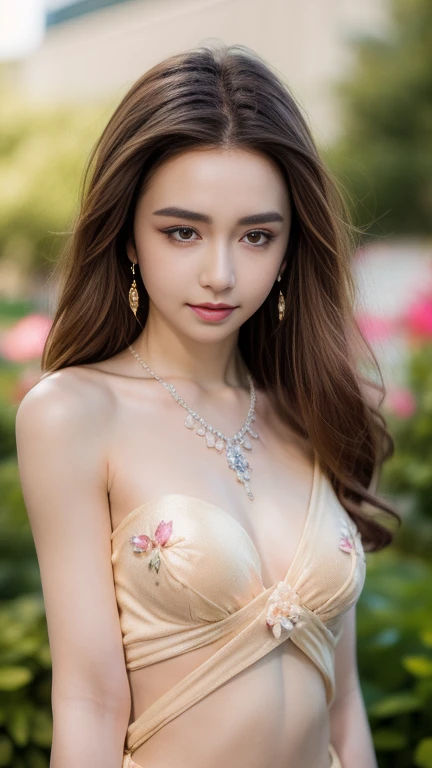 a beautiful young russian woman, detailed face, ((high quality)), photorealistic, stunning eyes, long eyelashes, attractive facial features, flawless skin, light brown hair, tight waist, stylish clothes, necklace, active posing, long hairstyle, vivid colors, masterpiece, best quality, cinematic scene, confident expression, ultra-detailed, (realistic:1.37), 8k, HDR, studio lighting, physically-based rendering, professional, vivid colors, bokeh, portrait、loose fitting dress、Small breasts