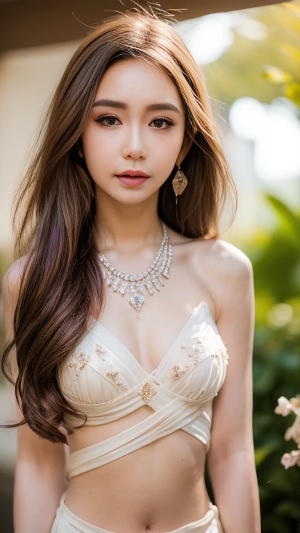 long-haired woman, black eye, royalty, white see-through dress, jewelry, earrings, , Noble, lady, high quality, very detailed, detailed face, masterpiece, city, garden, flowers, light,(((small breasts:1.1)))