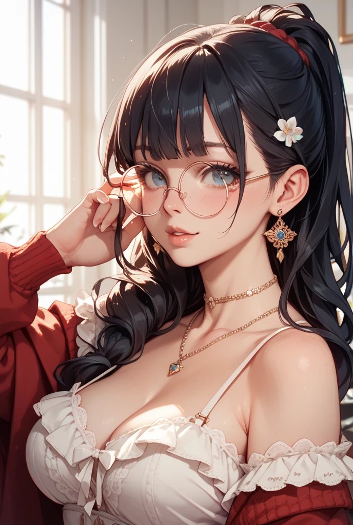 Masterpiece, best quality, 8K, high tone, super detail, Hot sexy beautiful cute milf , silver chandelier earrings,big breasts, lipstick,makeup, black hair ,two falling hair strands,blush,short hair ,black glasses , stockings