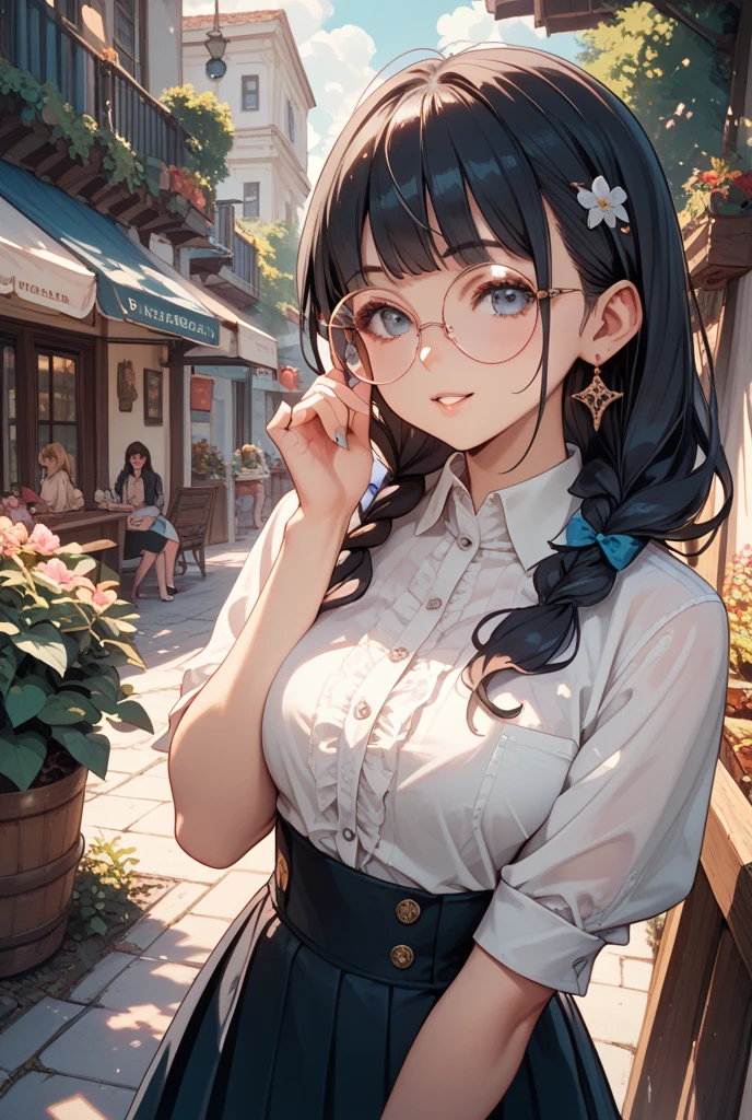 ((highest quality)), ((masterpiece)),High resolution (High Dynamic Range),Ray tracing, Super Resolution, (((anime screencap, black outline, strong rim light, intense shadows, Written boundary depth , written soft outline))), bokeh, high contrast , Maximum clarity and sharpness,Multilayer Texture,surface shading,Accurate simulation of light-matter interactions,Perfect Proportions,Two-tone lighting, White balance,8KOnly one woman, BREAK beautiful hair, Beautiful Face, Beautiful and beautiful eyes, Beautiful body, Beautiful breasts, Beautiful thighs, Beautiful feet, Beautiful fingers, (Beautiful views) , breast enlarged, medium breast, (blush, smiling , 20 years, seductive adult woman , mature female, Narrow eyes) , brown eyes , brown hair, streaked hair, piercing, hair intakes, ear piercing, colored inner hair, very Long Hair, twin-braid, small breast, (pink skirt, Solid-colored-High-Waist-Pleated-Skirt:1.3, ruffle-belt), (\(light-green blouse with detailed-ruffles\):1.5, cropped-shoulder:1.3, ????-Sleeve:1.3 ,oversized-blouse:1.3), wearing glasses BREAK (((bust up shot))),  ((breast on table:1.3)) BREAK (sitting, a girl relaxing in a cafe:1.3, book and coffee cup on table) outdoors, 