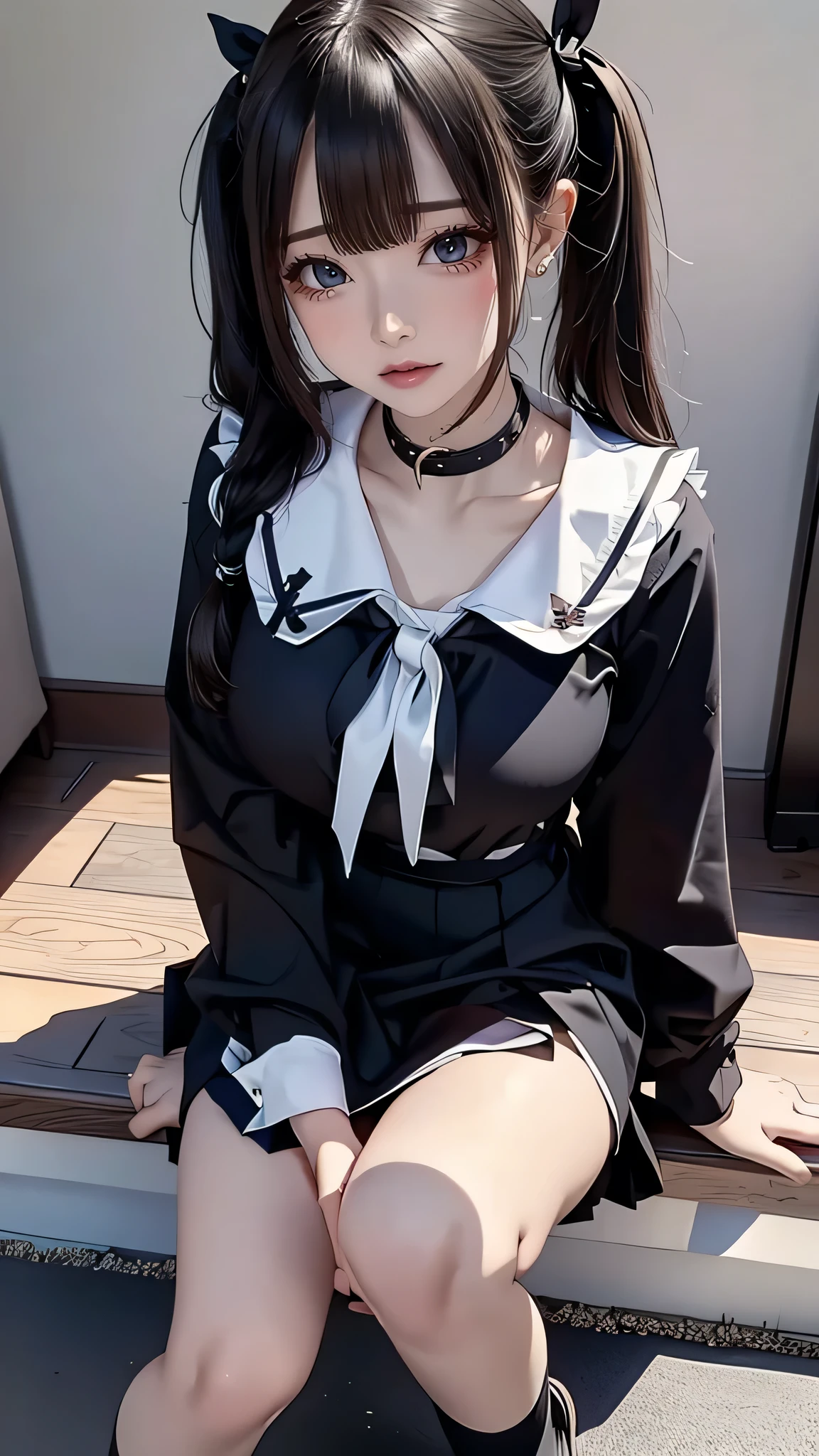 (full figure:1.1), (1 girl as yukino yukinoshita:1.1), absurdres, highres, solo, school uniform, big breasts, waist long black hair, (twintails:0.5), (pleated miniskirt:1.2), (black thighhigh socks:1.2), loose red ribbon, unbuttoned white shirt, (ahegao:1.5), (rolling eyes:1.5), (torn clothes:1.5), naked breastss, spread legs, no panties
