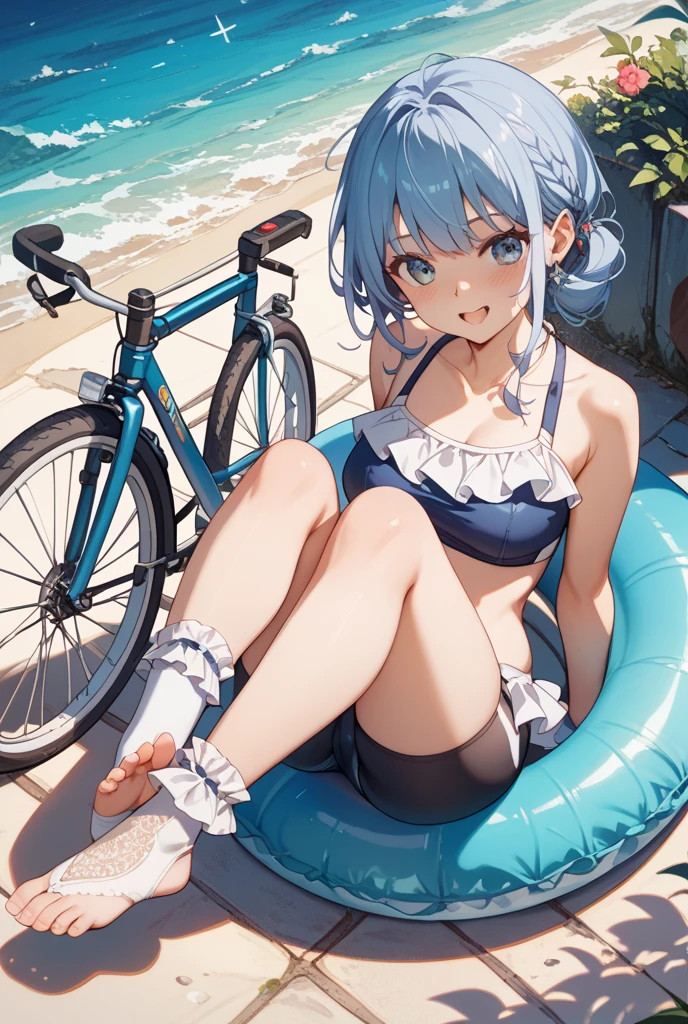Side tie bikini bottom,masterpiece, Highest quality, (anime screencap:1.3),(shape), cute,(Simple:1), (anime:1.2),Solo Sharp Focus, 1 girl, Cleavage,Looking at the audience, (Kawasaki ZX-10R,from side,whole Motorcycle Limegreen),Are standing,best kawasaki,whole,(Browsing Caution:1.2),Colorful Bikini,Beautiful Hair,heart shaped pupils,Checkered bikini, (Vivid and detailed Tropical drink 1.1),cute eyes,Puffy eyes,Seductive pose,Shining Face,Large Breasts,Twin tail hair,heart shaped sunglasses on head,Hilarious