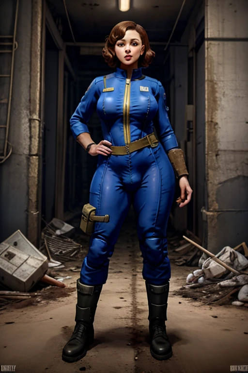 (masterpiece:1.2), (best quality:1.2), (award winning image:1.2), (block_emwil:0.6), (thicc:0.8) woman, fallout 4 blue (vault suit:1.2), pipboy, one piece jumpsuit, jumpsuit, wasteland, post apocalyptic town, (bulge, flaccid:1.3), 3/4 shot, <lora:vaultsuit:0.4>