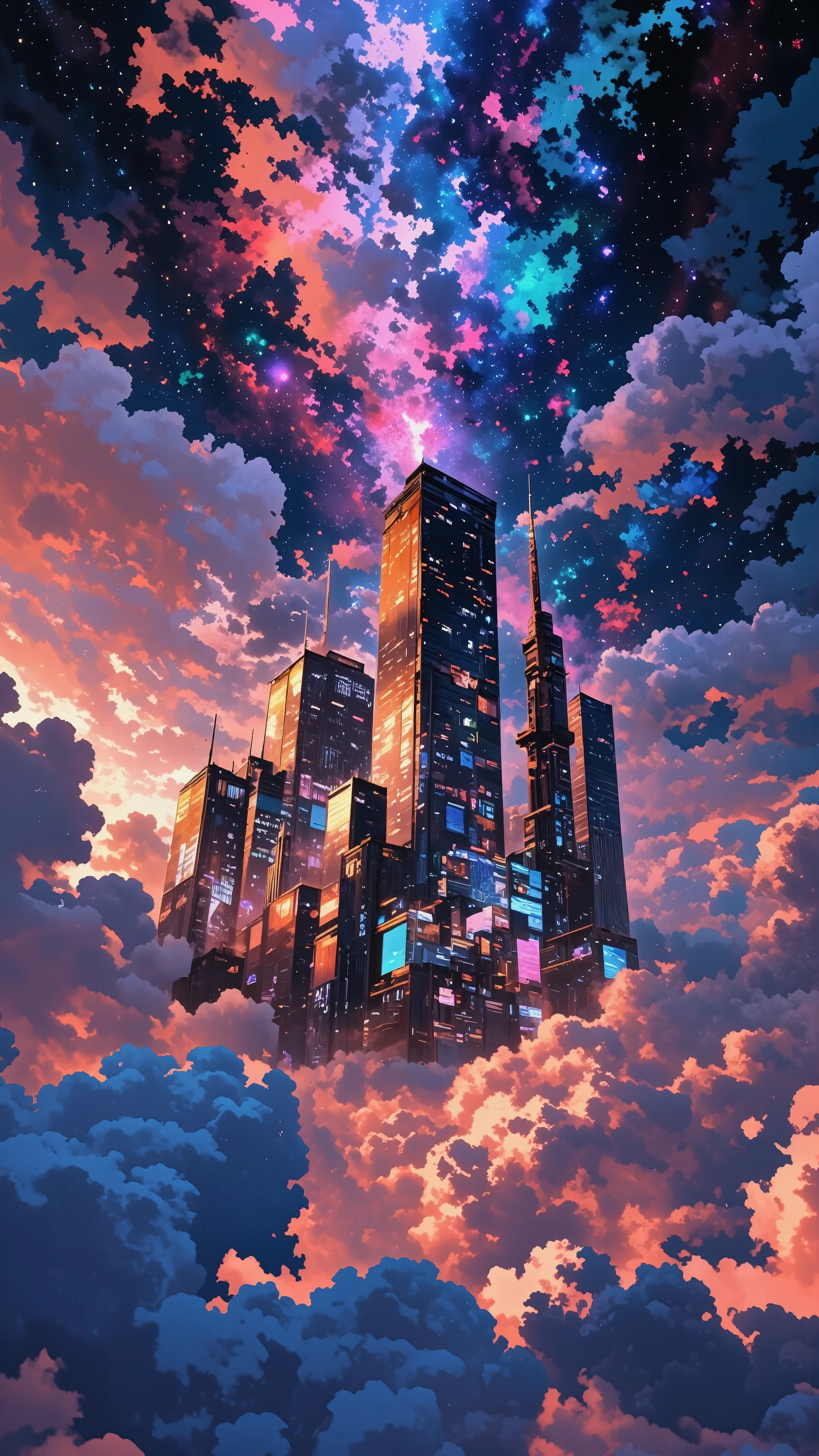 Otherworldly space、Close to space、 City in the Clouds 、Lost City Pictures、picturesque background、city floating city emerging from clouds、Digital image 、near future、high resolution background glowing city buildings、A dreamy city above the clouds、非常に詳細なDigital image 、high resolution digital paint、Colorful City、Close to space。