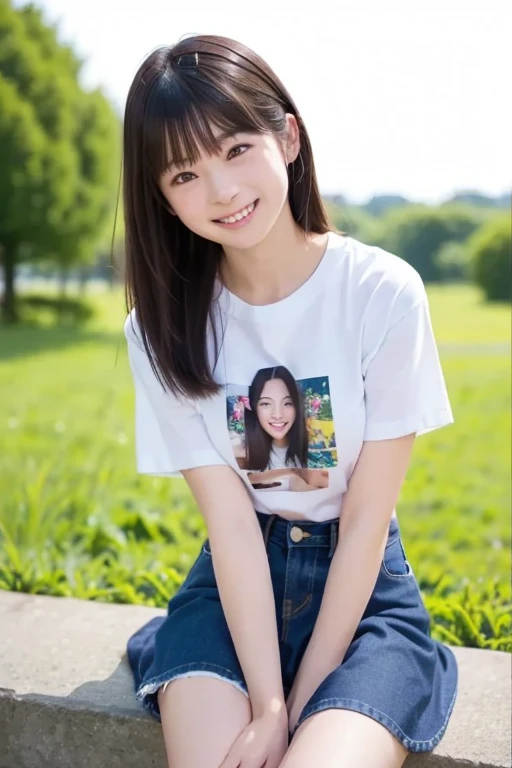 Best-quality, Masterpiece, Ultra-High-Resolution, (Photorealistic:1.4), Raw-Photo, 1girl, the most famous Japanese idol, (wearing beige jacket over white T-shirt with cute-patterned and beige slacks, white sneakers), standing at Japanese college, extremely cute face, extremely cute big-eyes, extremely cute hairstyle, extremely beautiful skins, looking at viewer, innocent-smile
