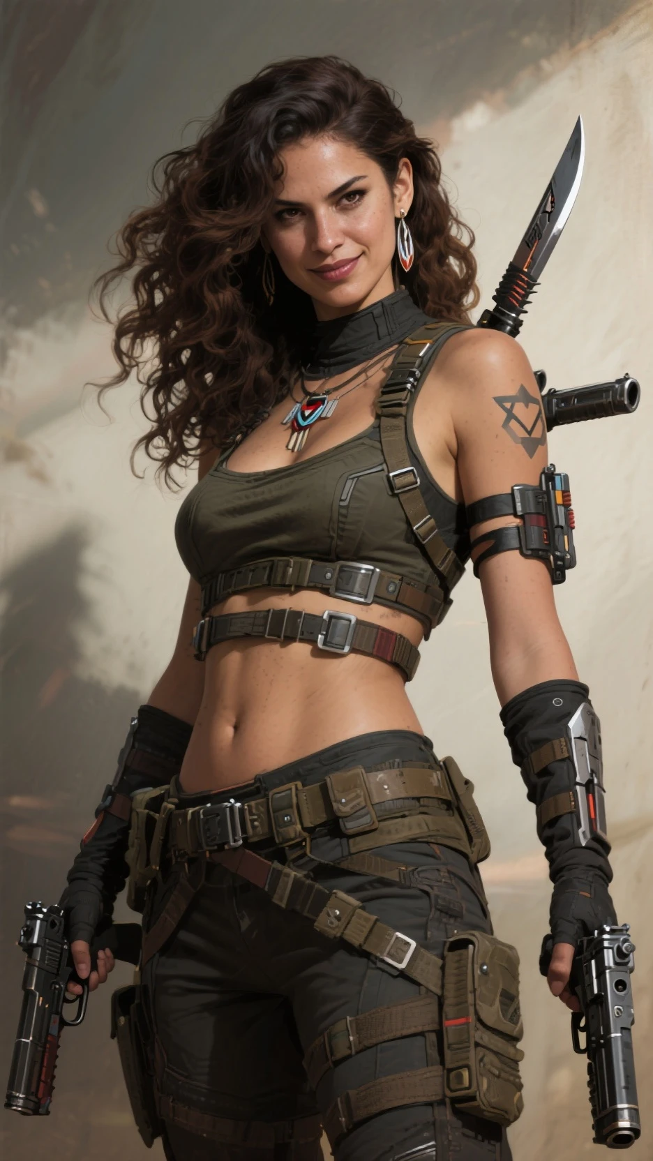 Gere uma imagem  detalhada da personagem Mara, also known as 'Mara Death Dealer', do jogo Call of Duty: Guerra moderna. Describe its appearance, corpo inteiro, fisionomia cruel, micro bikini, na praia, sol poente, palmeiras, corpo escultural, flowing hair, [Equipamentos de ouro ((metralhadoras, Granadas, Accessories))], personalidade cruel