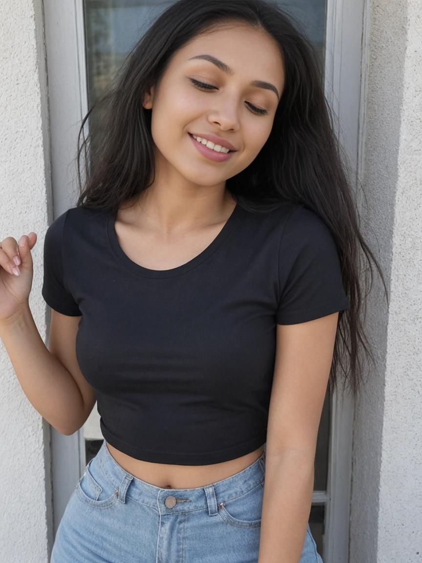 brown skin woman with long light brown hair wearing a white short sleeve tshirt, happy, black skin, upper body selfie, selfie, model pose