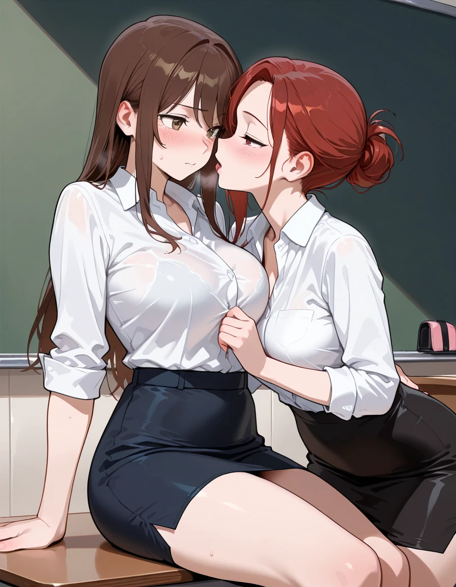 Two busty brunette girls rubbing their pussies against each other in a classroom