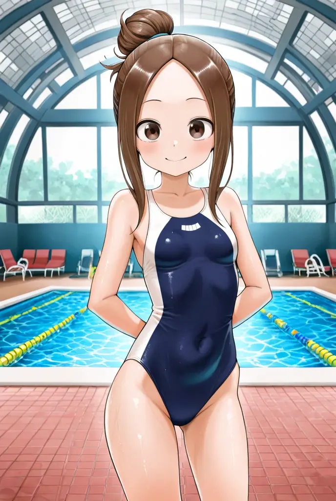 masterpiece, Highest quality, Very detailed, anime, girl,Night Pool,High cut swimsuit,smile,:d,action,Ass Focus, 1-takagi-san,