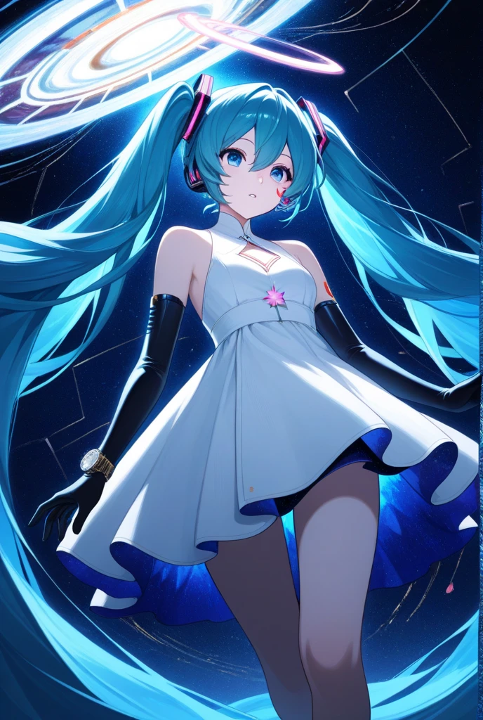 Hatsune Miku singing on stage in a dark disco with laser beams