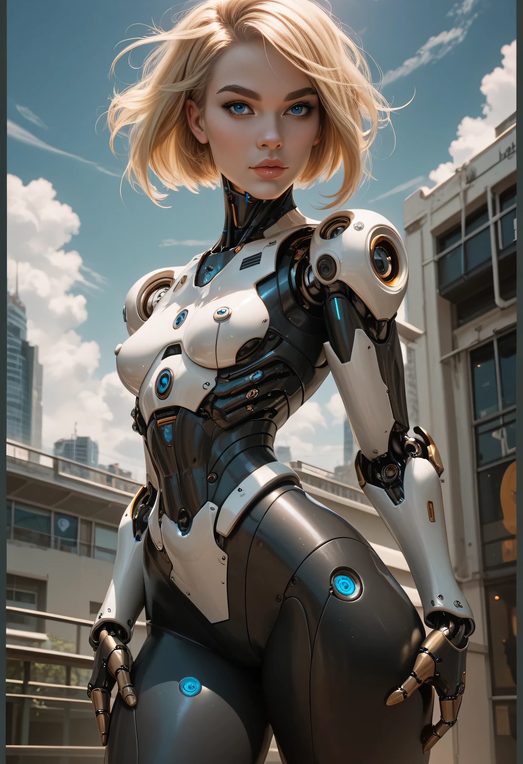 (sun, cloud sky, robotic city), 1girl, perfect face, blonde hair, bob hair, brown eyebrows, thin eyebrows, blue eyes, black eyeliners, nose, lips, beautiful, small breasts, (thick thighs:1.3), standing, (female robot), dark light
