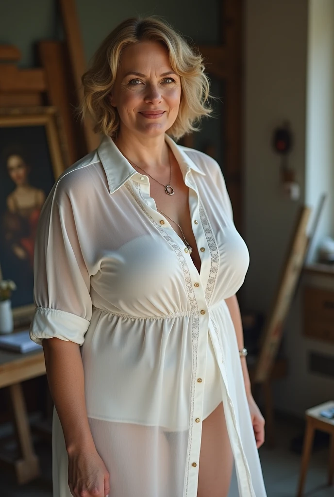 nsfw, photorealistic, beautiful face, (masterpiece:1.4), (best quality:1.4), extremely detailed, hyper-detailed, soft lighting, 38 years old beautiful blonde 1950's pinup woman in her late thirties standing between marmor sculptures in a museum, ((only wearing a red pinafore dress on full nude body)), her dress is slipped down and show her naked breasts, white pearl necklace and white pearl earrings, perfect body, busty, perfect legs, intricate details, masterpiece, bestquality, uhd, 8k, ((plain backgound:1.3)), shaved pubic area, big breasts, hanging breasts, long hard nipples, short blonde hairbun with a bow in hair, shaved pubic area, (perfect_face), intricate, 4k, detailed_background, full_body, realistic, 8k, sexy, very cheeky smile, challenging naughty facial expression