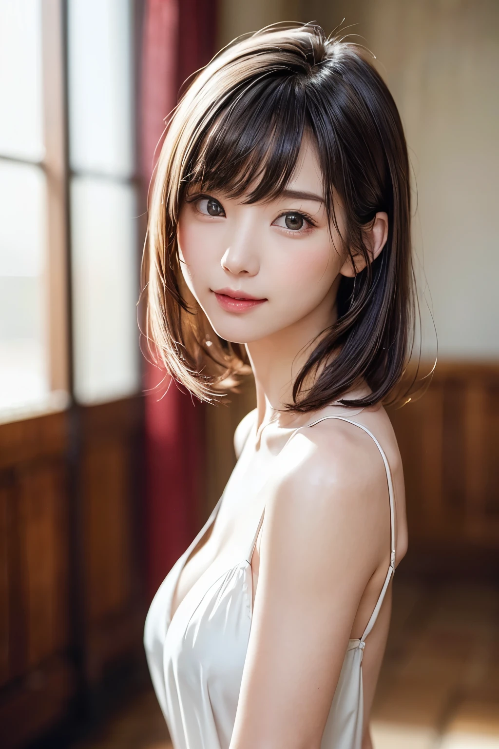 masuter piece、top-quality、hight resolution、Raw photo、realisitic、Bright lighting、face lights、Smooth professional lighting、Women in Japan、Quarters、big sister、adult lady、Beautuful Women、女優、modeled、gravure、A sexy、unclear、Super beautiful、Realistic and beautiful skin、Beautiful and detailed eyes、A detailed face、slim、medium large breasts、short medium hair、brunette color hair、Cafe clerk、Waitress Uniform