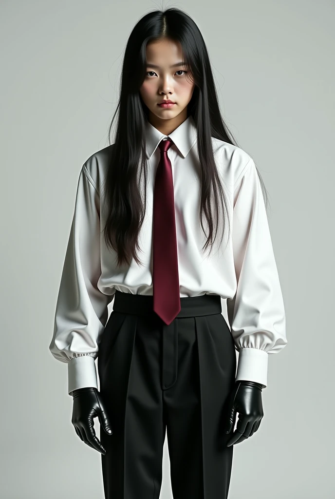young female. She wear a white shirt and long red tie. The tie is long. Heavy wind. Tie moving. Long black hair