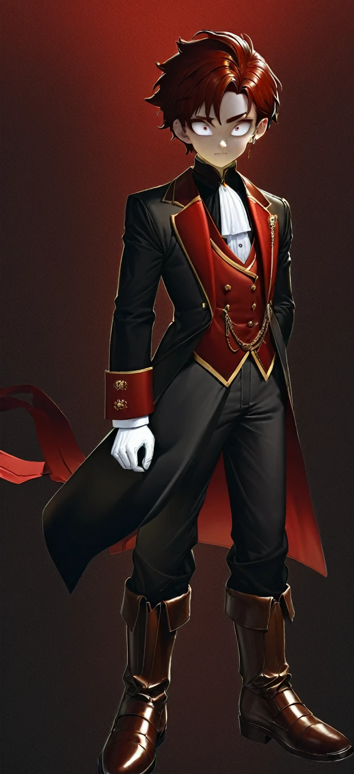 A man with long black hair in a red rococo-style suit with silver details and a devil mask,Estilo Darkwave,retrato de medio cuerpo,centrado,HDR,8k,hiperrealista,hermoso estudio de luz suave,detalles vibrantes,anatomical,elegante,foco nítido,foto de estudio,tendencias en artstation,hiper detallado,
