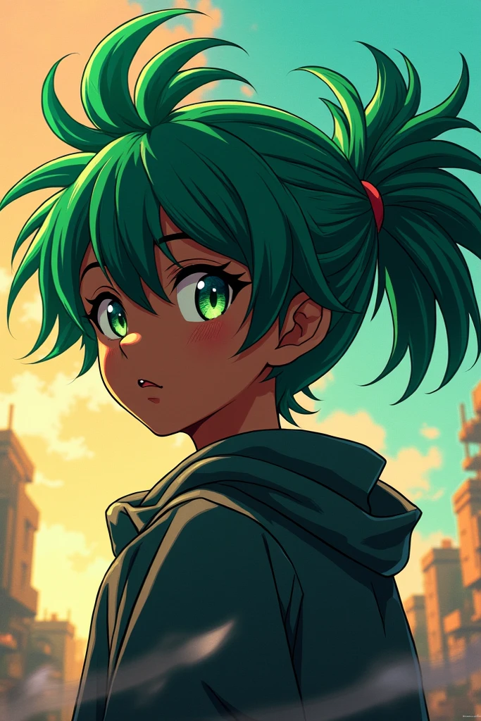 (Materpiece, complete body, best quality, good anatomy) 1 girl, solo, tanned skin, red lips, teal hair, multicolor hair, short hair, green eyes, yellow shirt, black legwears, platform shoes!!, happy, sitting, city park, night.