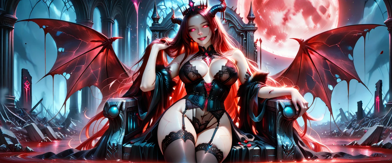 ((sexy queen of hell)) ((beautiful face)) ((evil smile)) ((red gloss lipstick)) ((very dark eyeshadows make up)) ((detailed eyes))((big bright yellow eyes)) ((very long messy light redhead hair)) ((sensual lips)) ((huge breast:1.5)) ((wide hips:1.4)) ((perfect slender body torso1.3)) (((wears long dark fantasy dark red dress with glowing gold ornament, showing pussy))) (((glowing gold crown, goat horns, devil tail, 6 pairs of bat like wings))) ((gold jewelry, choker, gold earrings, fishnet stocking)) ((queen posing sensual on hell dark castle balcony, red sky, full moon, at midnight))((evil magic aura light around her))((high resolution:1.4)), (dynamic shadows)((photorealistic:1.5)) ((masterpiece:1.5)) (8k:1.3) (perfect face) ((best quality:1.4)) (perfect hands and eyes)((()))
