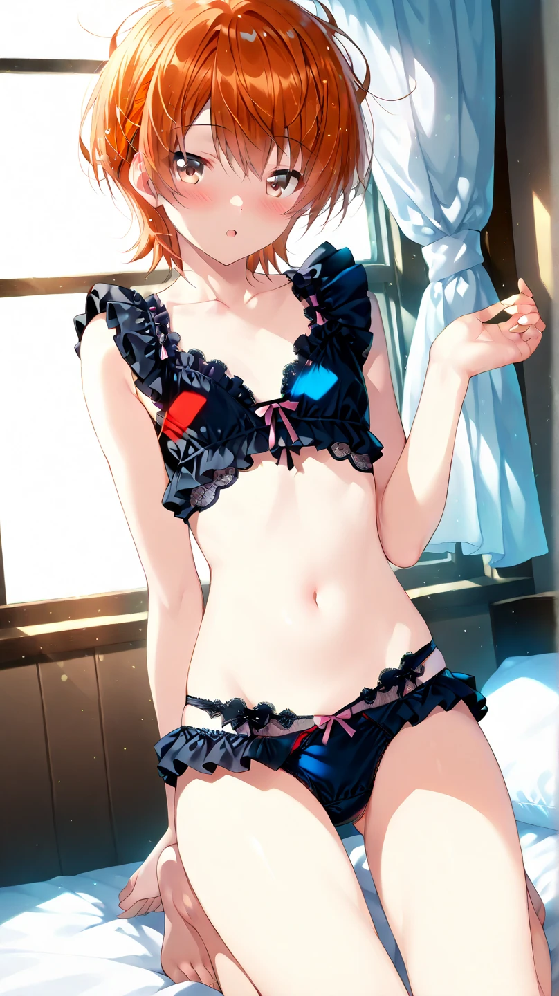 (masterpiece), bunny ears headband, best quality, (SHARP details), 4k, highly detailed, face down, looking up to viewer((Freckles)), ((thick iron slave collar wrapped around neck and wrists)), ((Bruises, scrapes and stratches all over body)), injured, (also strange white fluid smeared all over back and butt), hopeless expression, (viera), ((orange hair)), blue eyes, ((long, straight, smooth, silky hair)), shy and nervous, kneeling, (stretching on bed), sheepish, emotionless, apprehensive, frowning, hopeless, emotionless, traumatized (()), ((solo)), short girl, petite-body, modern hotel bedroom interior, ((sexy lingerie bra and panties)), sexy white thigh-high webbed leggings, dim light, red light, flat breasts, ((young girl)), (short girl), cute, slender, tempting, slave role-play