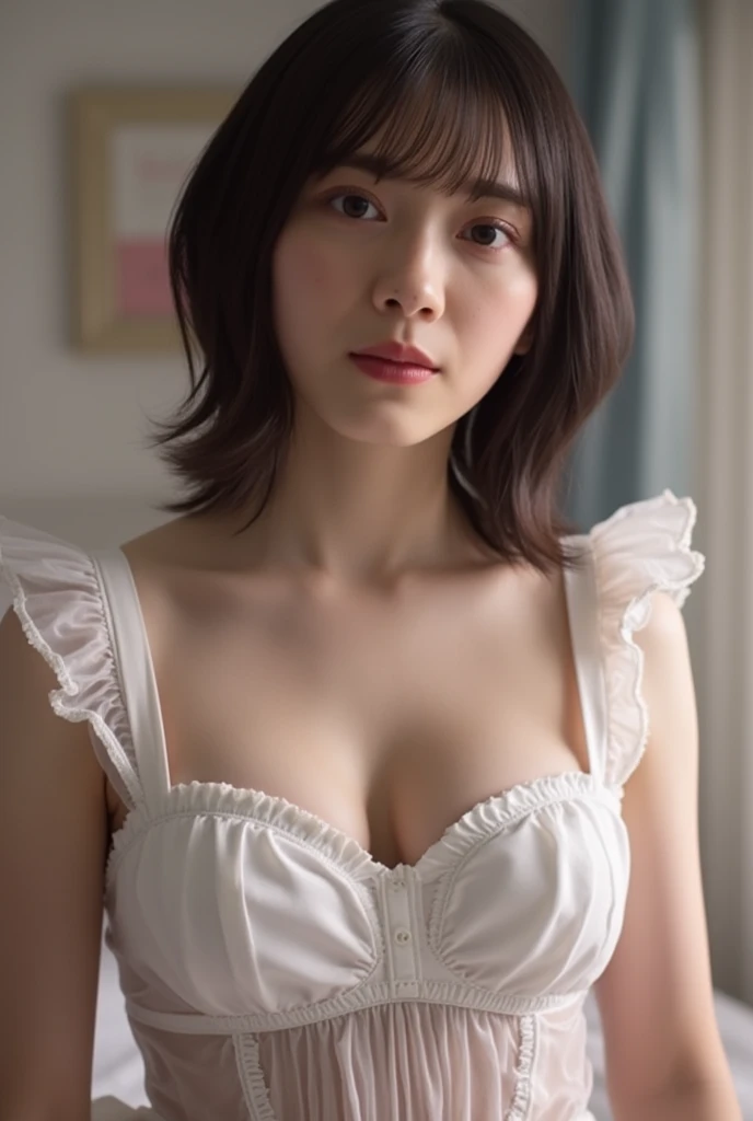 Best Quality, ultra-high-resolution, (Photorealistic:1.4), 1girls, ((black and white maid clothes:1)), ruffles, ribbon from, chokers, (busty), (Cleavage), (Curve), Large breasts, (short medium hair:1.4), (Looking at Viewer) Maid costume, IU1