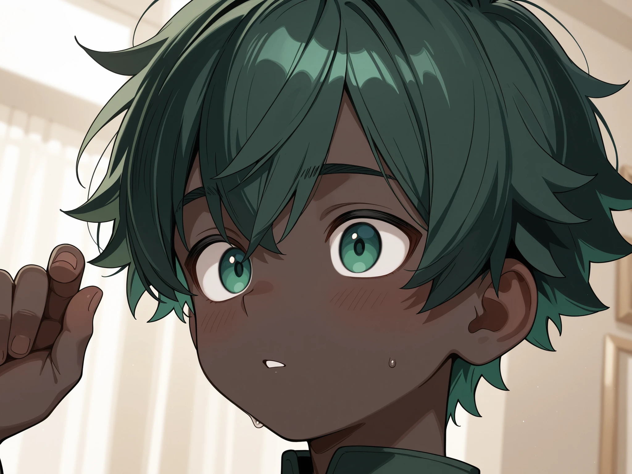 Anime boy,Very Dark tone skin,dark green hair,