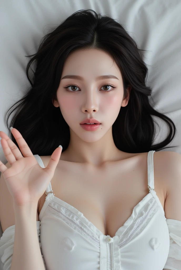 Korean Beauty、On a white bed、((Sleeping with body and face turned to the side))、((Eyes closed))、((wearing pastel purple bra))、White skin、Jet Black Hair、Straight Hair、Small waist、(((Angle from directly above:1.4)))、Mouth closed、(Large Breasts:1.3)、(Slit eyes:1.4)、(Slanted Eyes)、(Long, narrow eyes:1.3)、((sleeping face))、((sleeping on bed))、((Looking Down:1.8))、(((Composition in profile)))
