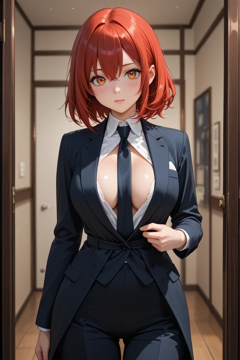 ((best quality)), ((masterpiece)), ((realistic)), perfect face, Nobara Kugisaki, orange short hair, orange eyes, attractive poses, suit