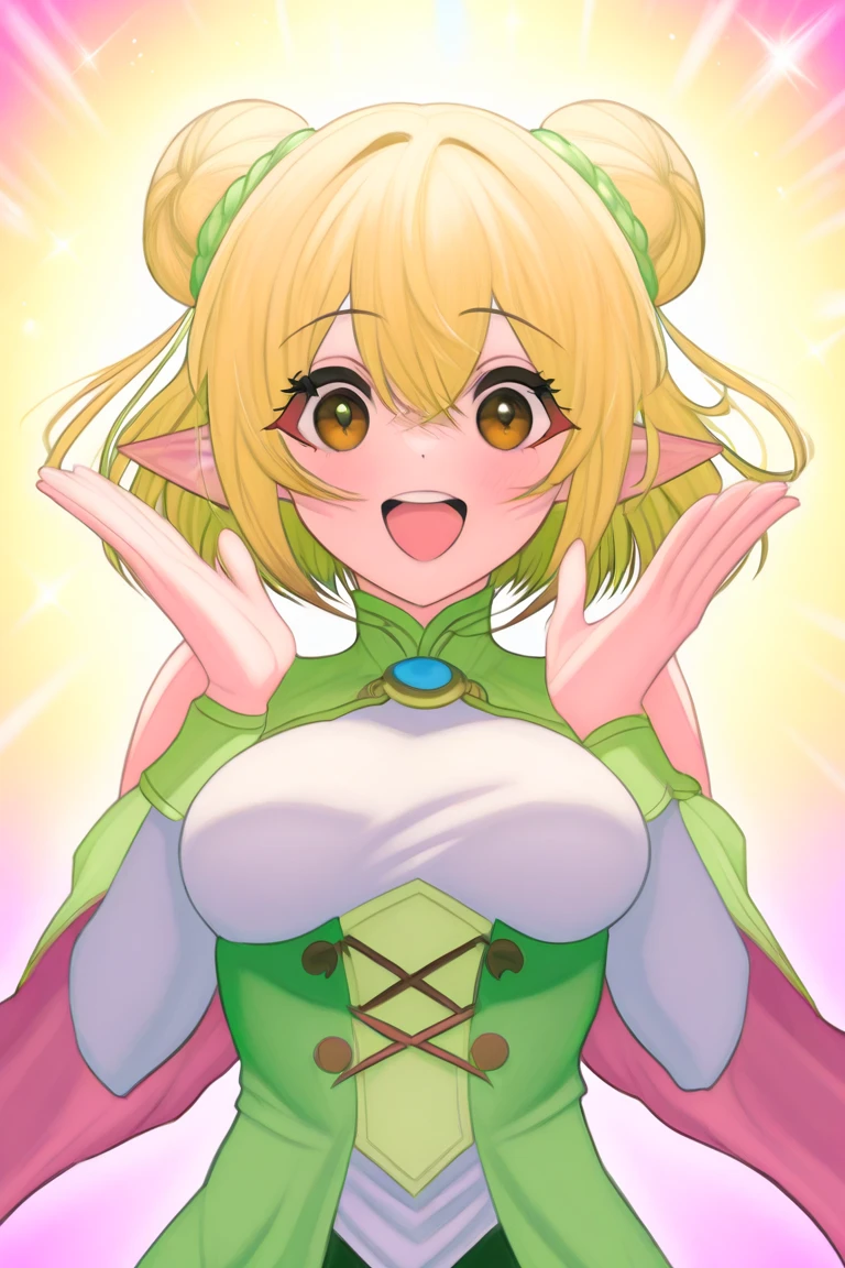 masterpiece, top quality, super detailed, CG illustration, high resolution, better lighting, best shadows, very delicate and beautiful, proper shading, hd, 8k,flandre scarlet, 1girl, solo, breasts, looking at viewer, blush, open mouth, bangs, blonde hair, red eyes, bow, cleavage, hair between eyes, bare shoulders, collarbone, upper body, hair bow, small breasts, japanese clothes, wings, pointy ears, fang, signature, kimono, off shoulder, red bow, one side up, hand on own chest, yukata, crystal