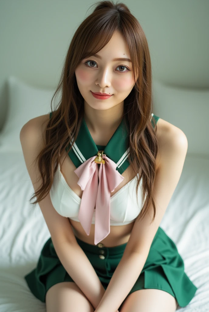 High resolution, 1 girl, nakano yotsuba, Orange Hair, Hair Ribbon, Green bow tie, yellow Sweater, Mid-chest, Lace bra, Sleep on your back, bed, Overhead Shot, shy, Sweat, Cum on tongue, Open your mouth, Breast milk, Lift up your shirt, Showing off your bra, Lace bra,  Put your arms behind your head, orgasm, Excessive , Sweat, vapor, Girl trembling with sexual climax
