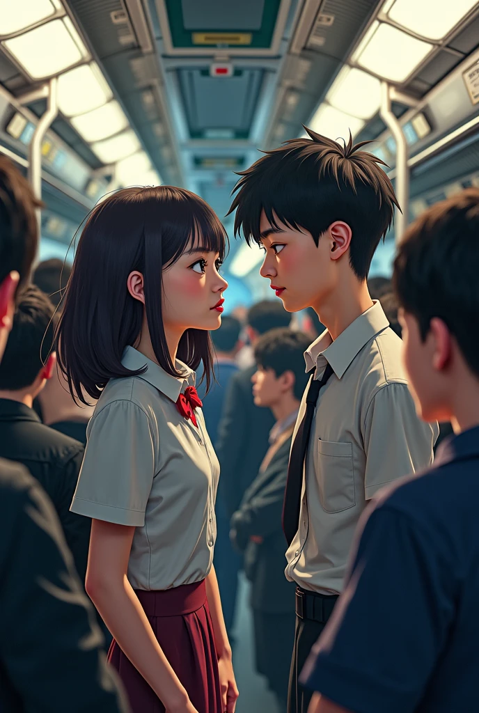 (in a bus) (wearing school uniform) (closeup to the middle school bully) (the bully try to snatch a book) (from a middle school boy)