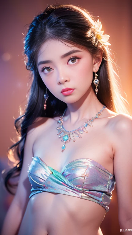 best qualtiy, tmasterpiece, 超高分辨率, (realisticlying:1.5), RAW photogr, 1girll, silber hair, long hair,hair adornment shoulders,Cold and glamorous,Raised sexy,Cyan and pink tulle dress, Detailed scenes, amazing pose, Eye-catching accessories, Picturesque