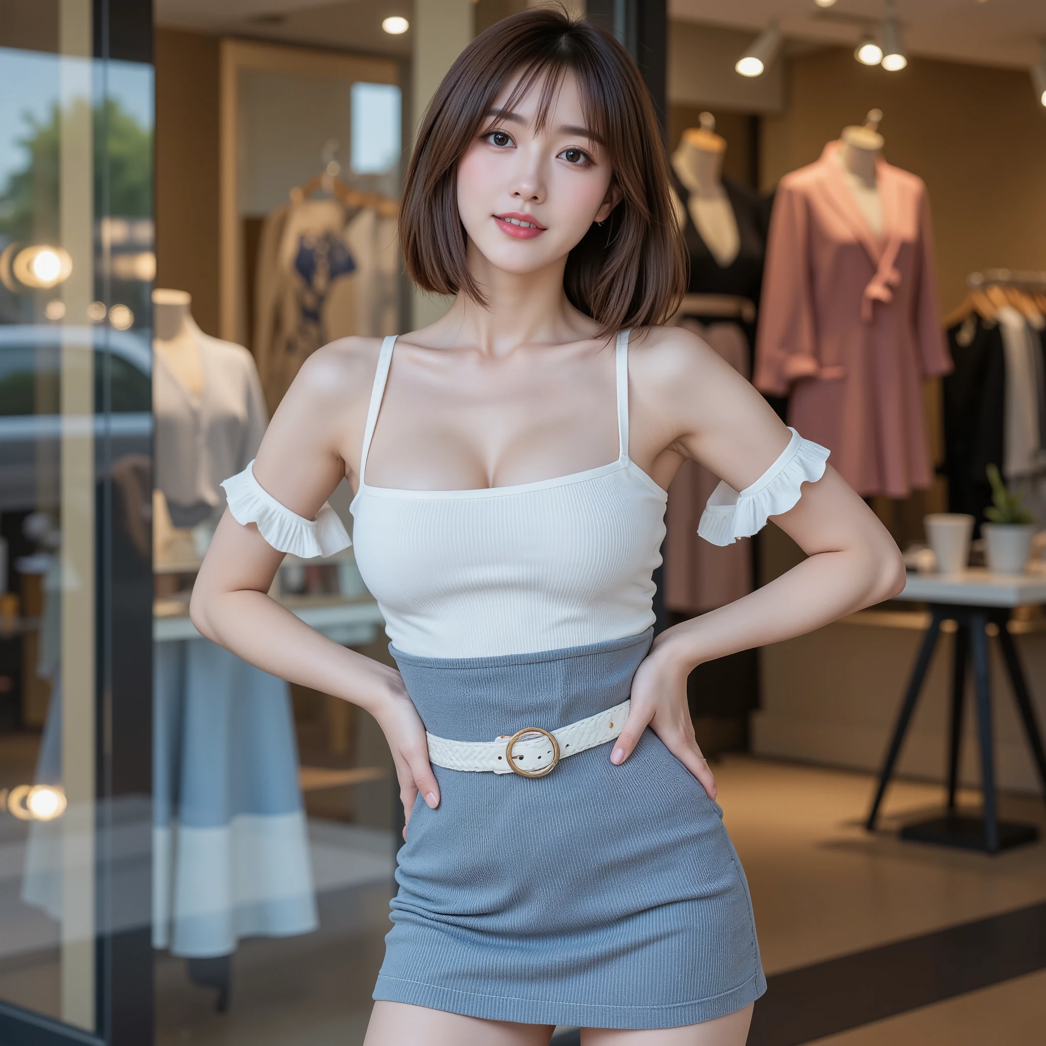(best quality, 4k, 8k, highres, masterpiece:1.2), ultra-detailed, (realistic, photorealistic, photo-realistic:1.37), closeup, beautiful Thai woman, (happy smile), (small breasts), (slim girl), beautiful makeup, platinum blonde hair, fair skin, elegant posture, wearing large sparkling colorful jewelry, wearing a business style leather dress, standing in a large shopping mall, gentle sunlight shining through the shopping mall windows, casting a soft glow on her face, adding warmth to the scene, vibrant colors, capturing the essence of vibrant city life, portrait style, showcasing her natural beauty and grace in a feminine way