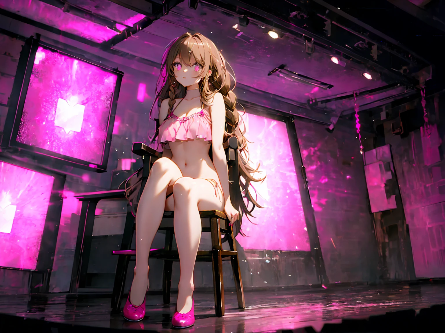 Woman on her knees in a sexy room wet white liquid sticking out of her mouth and crotch nsfw red and purple light illumination