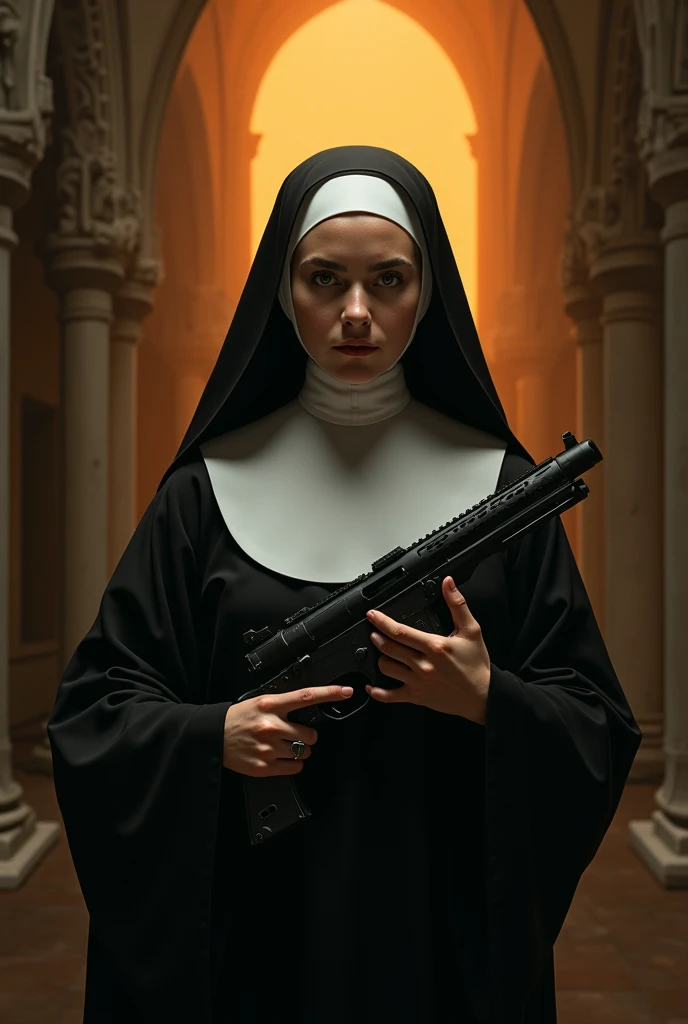 A nun in a black tight dress holding a machine gun