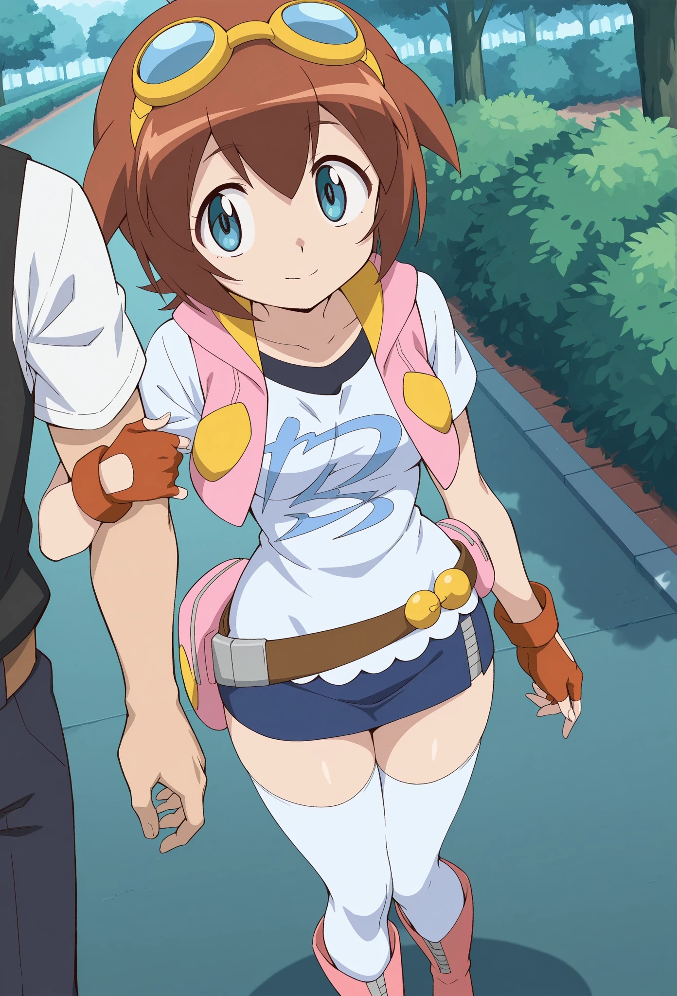android, beautiful robot makes hard masturbation, short pigtails, brown hair, Hair tie with two big red clothespins, big smile, brown hair, middle age, joint seam, blue eyes, full body figure, Height: 160cm, Light beige micro mini one-piece dress, fluttering skirt, skirt folds, white retro swimwear, Uplifting, 2020s anime style, 21thcentury japan animation, show White pantie, strong wind is blowing.