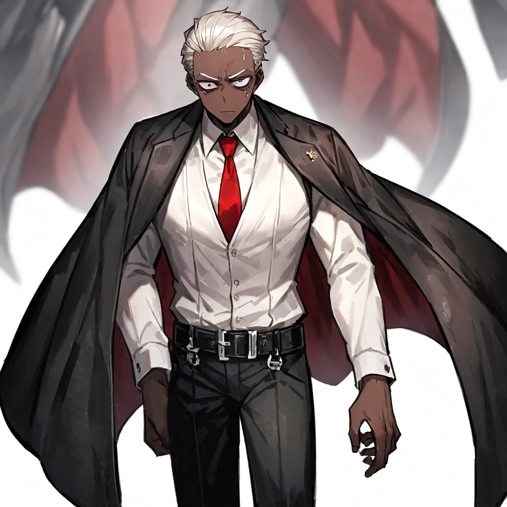 anime style man, black skin, long white hair, dark red clothing, black jacket,pair of black wings on his back, pirate, black mask, obfuscate scene, dark scene, red eyes
