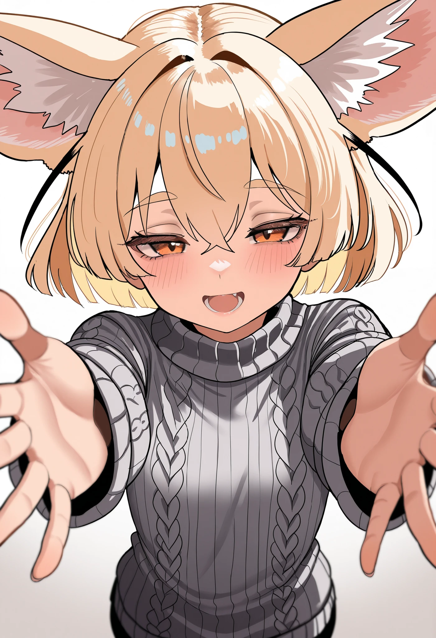 by zd (pixiv6210083), 1girl, fennec girl, beige hair, animal ears, large ears, short hair, fluffy hair, long bangs, hair between eyes, round eyebrows, eyelashes, orange eyes, petite, flat chest, grey sweater, Aran sweater, reaching out, hands out of frame, from above, half-closed eyes, happy, smile, open mouth, cute, blush, grey background, masterpiece, best quality, amazing quality