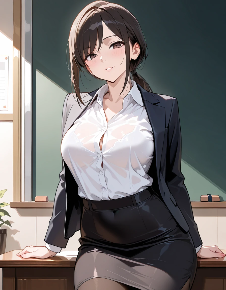 A high school principal who has medium-Big breasts while sitting in her school administration office mientras usaba lentes y estaba seria