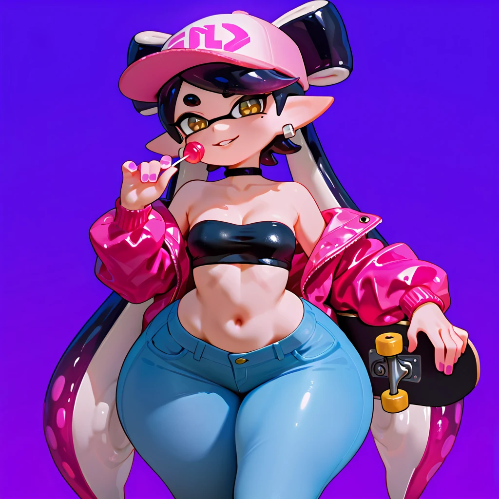 Erotic Anime Illustration、highest quality、Sex Appeal、Downtown Street、smile、A wall covered in graffiti paint、Splatoon、A flirtatious voluptuous gal、Perfect proportions、Very large breasts、Fatty legs、Beautiful, shining eyes、Sweaty、Split squats、Cowboy Shot