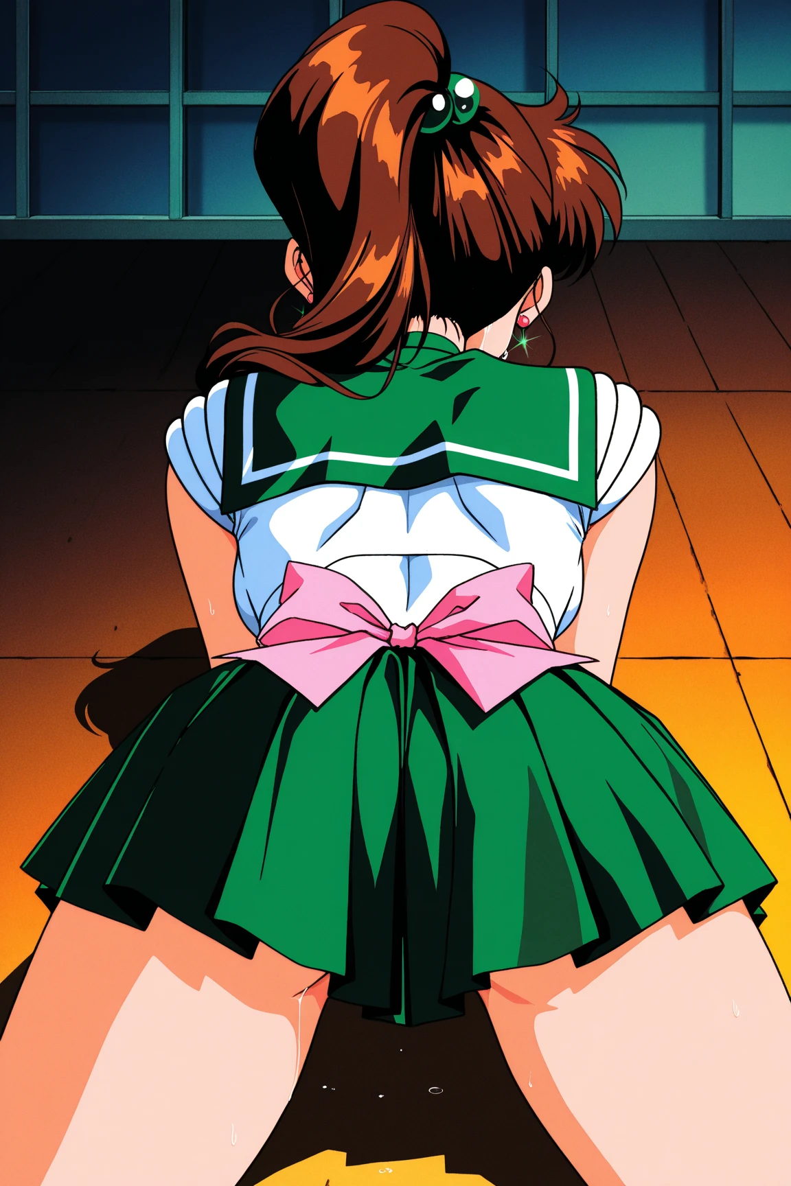 See more1,anime one,official art,(cowboy shot:1.3),central framing,Center the frame,(Day), classroom,(From the bottom,sealed:1.3), (Cute Sailor Senshi Uniform Costume, cute super short box_pleats_mini skirt ,sexy_with ruffles_white_panties,sexy bare thigh:1.3),(stand on one leg, raise your legs, standing split to show panties,:1.6), (panty shot:1.2),slender body,thin body,green_hair,green eyes,short_hair, (Rope shibari on clothes:1.4),arm behind head,green sailor collar, bow, knee boots, choker, white gloves, green choker, elbow gloves, jewelry, earrings, green skirt,(stand on one leg, raise your legs, standing split to show panties,:1.6), 
1 girl, 18-year-old,young woman,beautiful Finger,beautiful long legs,beautiful body,beautiful Nose,beautiful character design, perfect eyes, perfect face,
(frown,shame,shameずかしい,anger,troubled eyebrows,Are crying,closed my eyes tightly, open your mouth,Shout,full face blushing,:1.3),(beautiful,Moderately_chest,natural pointy :1.2), (beautiful_face:1.5),(narrow_waist),panties,camel toe, erotic,
NSFW,Highly detailed CG Unity 8K wallpaper, perfect lighting,colorful, bright_front_face_lit,
(masterpiece:1.0),(Highest_quality:1.0), 超High resolution,4K,Super detailed,
photograph, 8K, HDR, High resolution, confused:1.2, kodak portrait 400, film grain, blurred background, Bokeh:1.2, Lens flare, (vibrant_color:1.2),