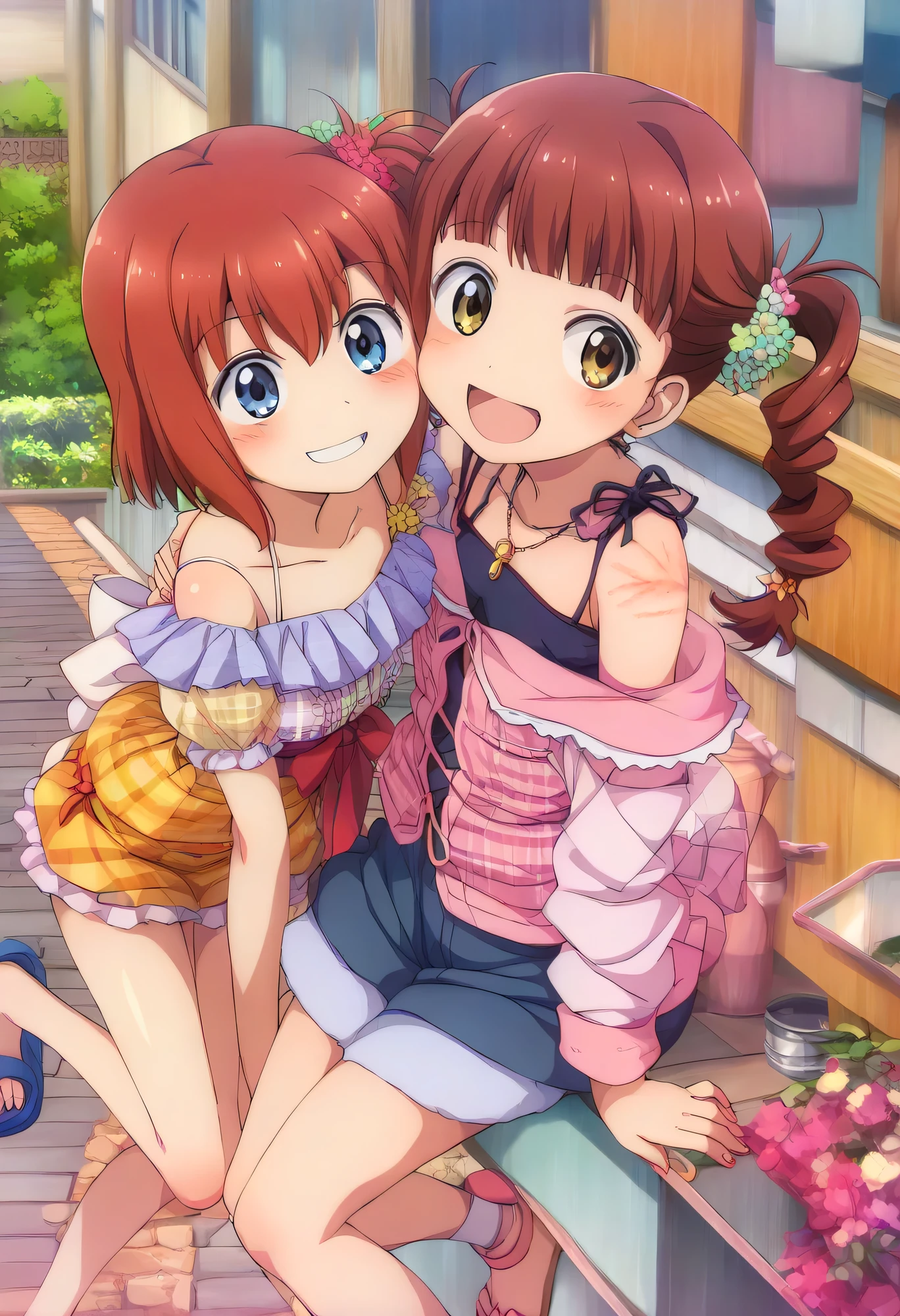 best quality、high resolution、masterpiece、Detailed Background、Beautiful Girl、Cute hair color 、braided bob cut、twin tails、ponytail、 Amusement Park、big smile、sunburn marks、
( Amusement Parkで楽しそうにアイスクリームを食べる2人の少女:1.ign peace with a smile:1.4)、
off-shoulder tops with bright colors and bright patterns、sandals、cute
