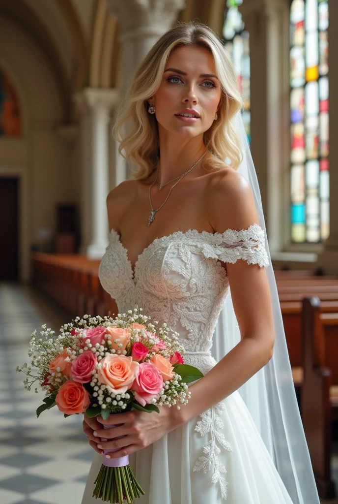half body shot, realistic, ultra realistic, masterpiece, best quality, beautiful girl, blonde brazilian woman, 25 years old, dressed as a bride, holding bouquet pink and white, ceremonial hall, hyperrealistic, ultra super 8k hd face, wearing dress as wedding outfit, smile