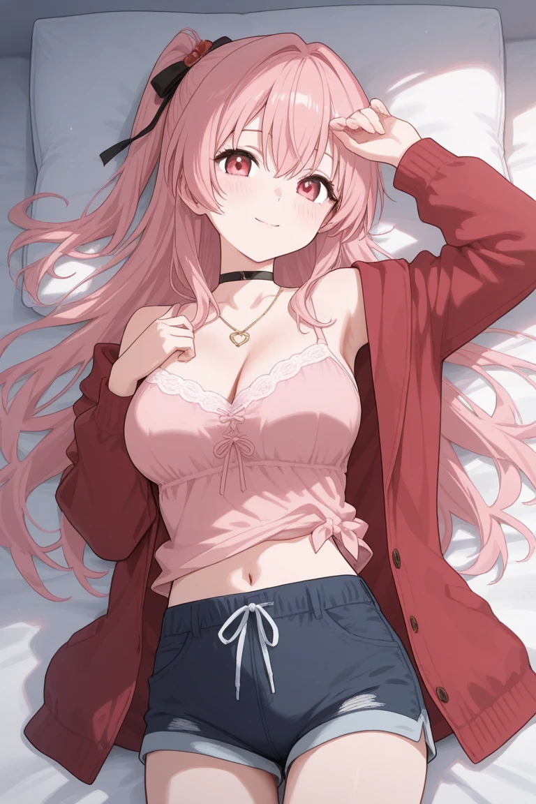 (masterpiece, 4k, raw photo: 1.2), illustration, drooling, pink hair, large breasts , mature, long hair, soft lighting, bedroom background, sailor uniform, green cardigan, sitting on bed, seductive eyes, white stockings, light pink panties, cardigan off shoulder, no shoes, close up, red highlights in hair, medium length hair. from above, cross legged, ear piercings, beauty mark, tongue out