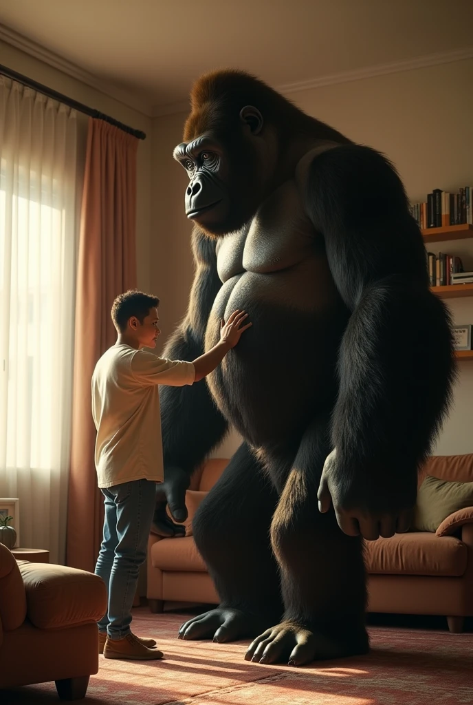 Adult gorilla son, (furry), anthro, nervous, bashful, wearing tight white briefs ((jockey y fronts)), detailed bulge, ((show feet)) standing